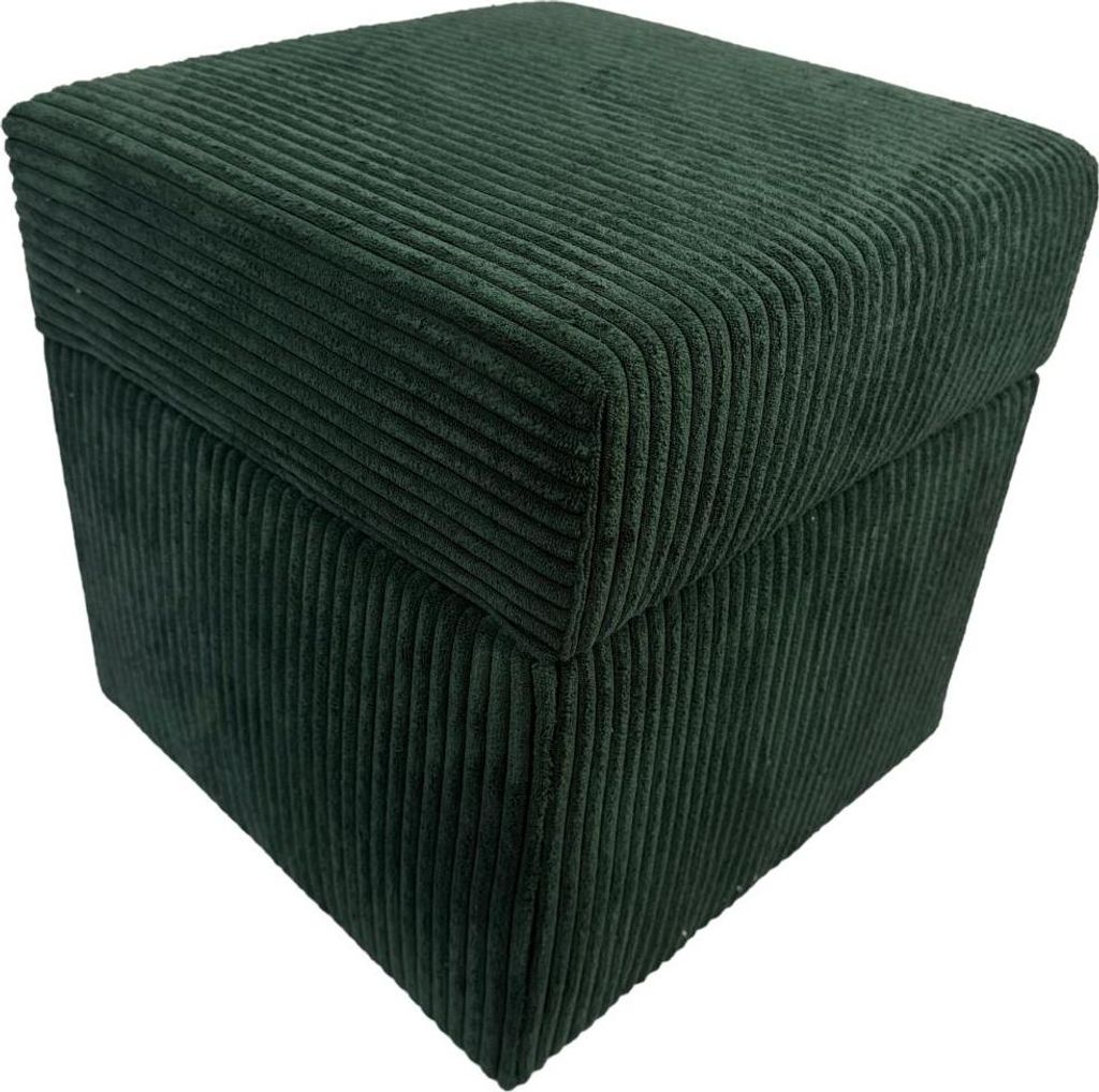A dark green corduroy ottoman is shown against a white background.