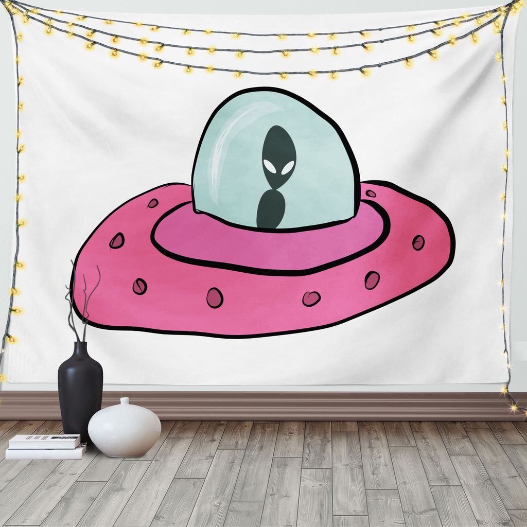 ABAKUHAUS Ausländer Wandteppich, Doodle Stil Flying Saucer, Wohnzimmer Schlafzimmer Heim Seidiges Satin Wandteppich, 200 x 150 cm, Pale Seafoam Ro...