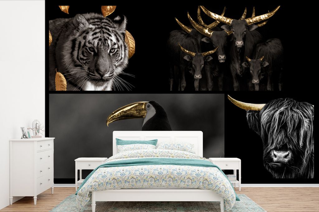MuchoWow Fototapete für Wohnzimmer oder Schlafzimmer Wandtapete Vinyl Motivtapete Collage - Tiere - Blattgold - 360x240 cm - Vinyl-Tapete