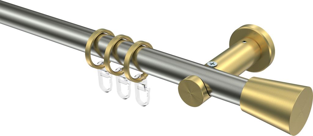 Interdeco Gardinenstange / Vorhangstange Edelstahl-Optik / Messing-Optik, Typ Platon Sitra (Konus), 20 mm Ø 1-läufig, 600 cm