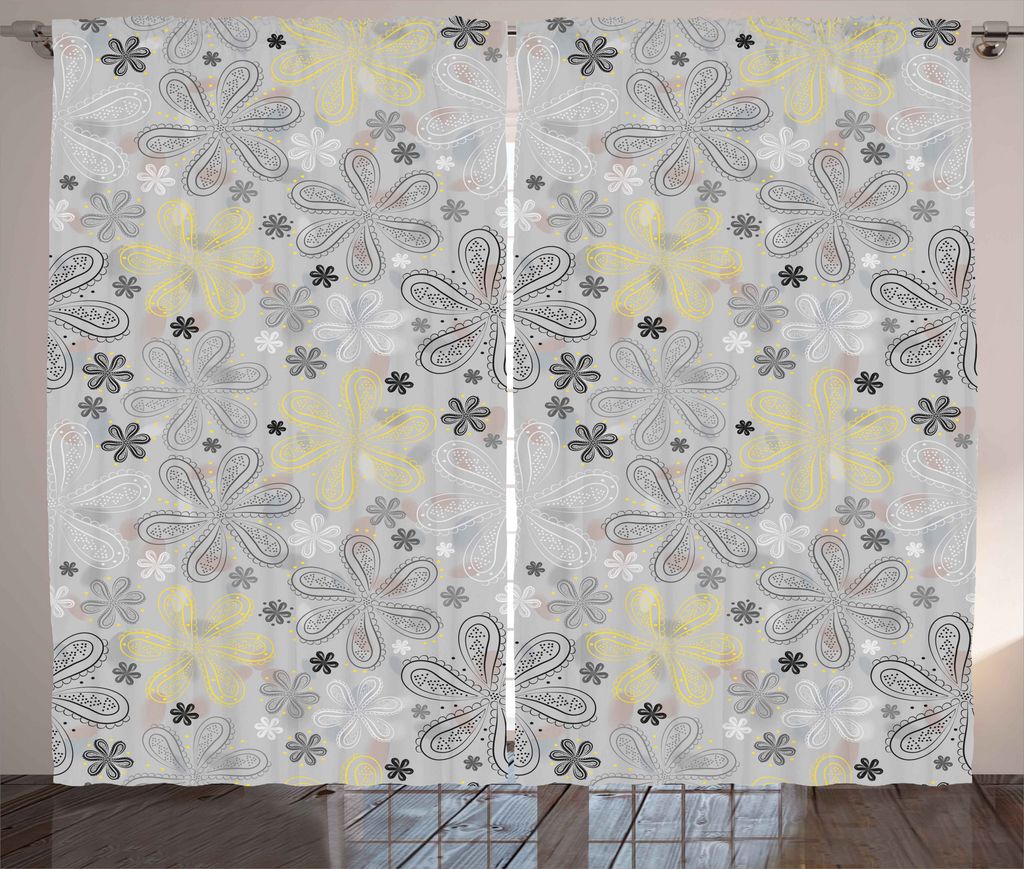 ABAKUHAUS Grau Rustikaler Vorhang, Stil gelbe Blume, Wohnzimmer Universalband Gardinen mit Schlaufen und Haken, 280 x 225 cm, Hellgrau Weiß und Sc...