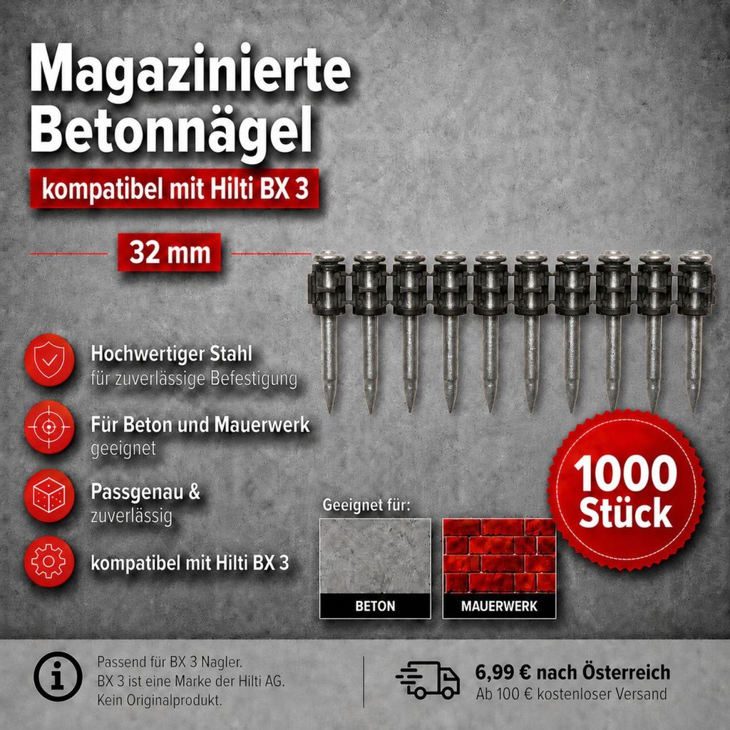 Betonnägel 32 mm – 1000 Stück kompatibel mit Hilti BX 3 – Produktbild 