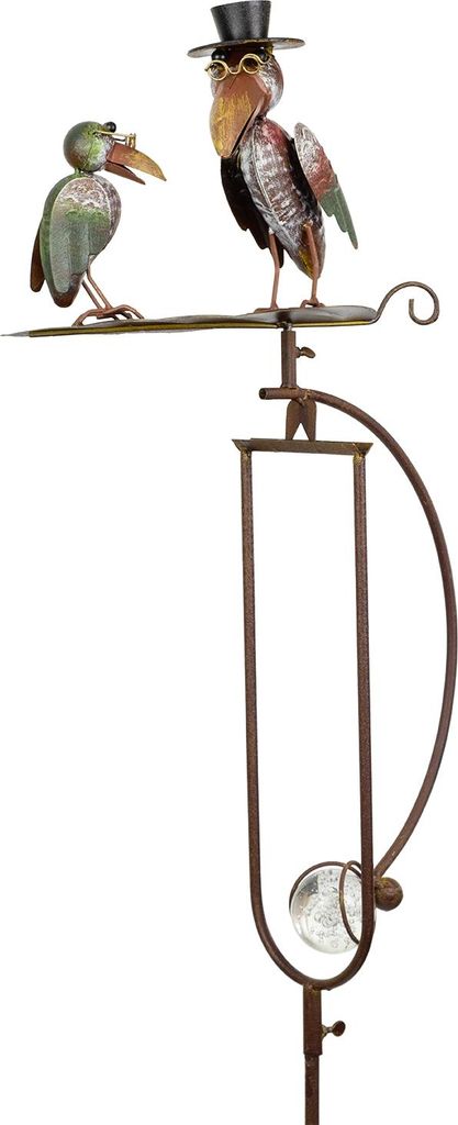A decorative garden stake featuring two metal birds.