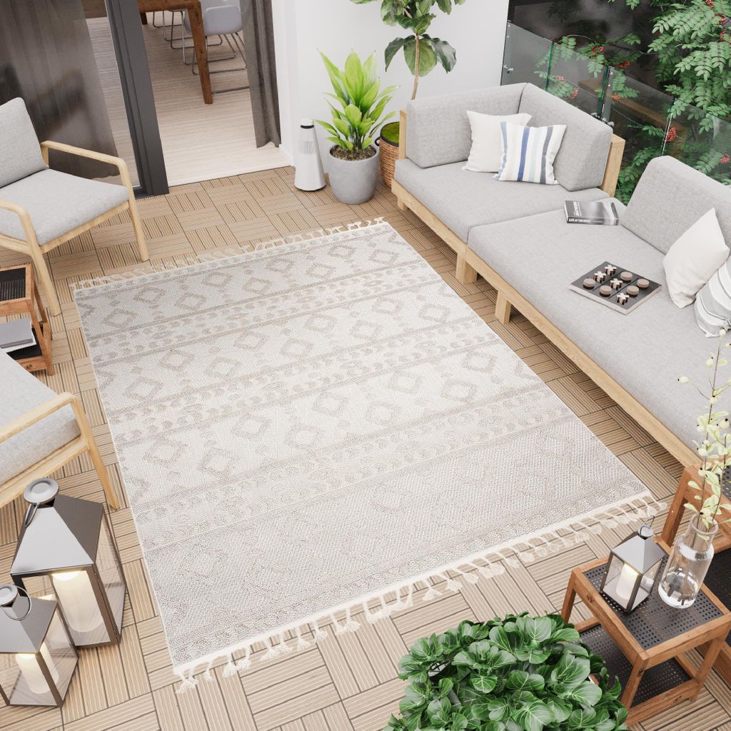 Teppich 3D Struktur Indoor Outdoor Modern Design Fransen Ethno Creme Beige 120 x 170 cm