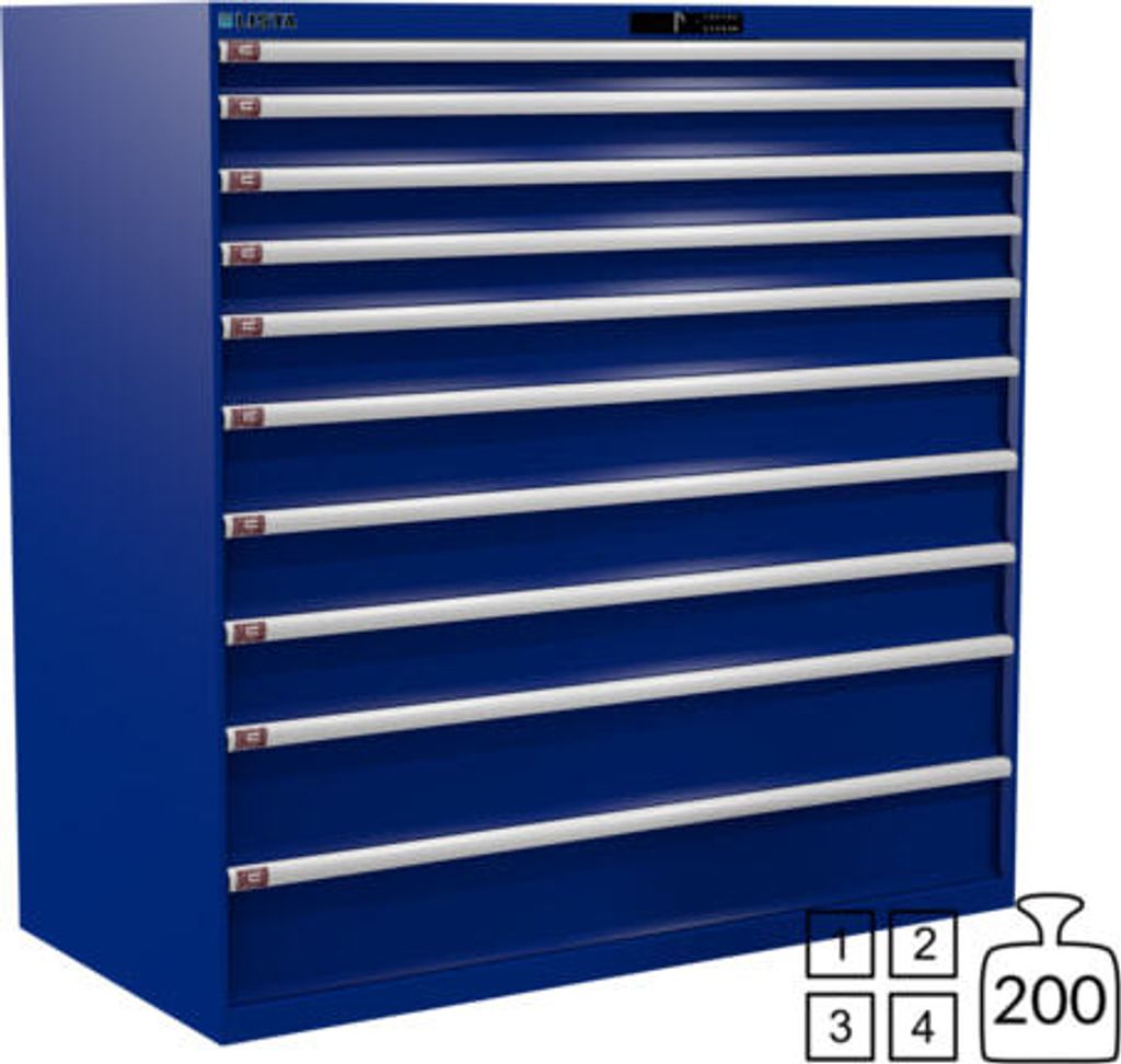 Lista Schubladenschrank - 78.869.040 - 1.450x1.431x725 mm (HxBxT) - 10 Schubladen - 200 kg - Code Lock - Capriblau (RAL 5019)