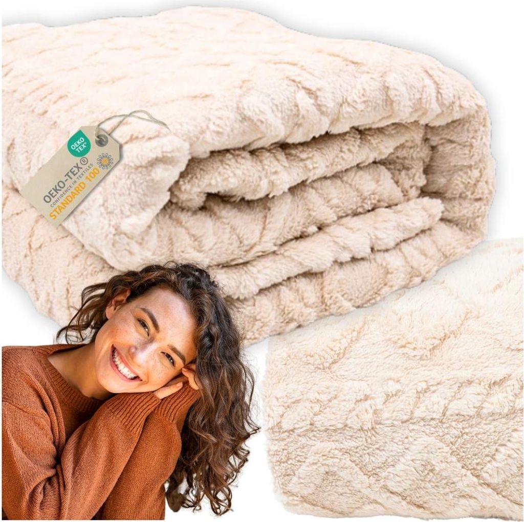A woman smiling and leaning on her hands, with a folded blanket in the background and a close-up of the blanket texture in the lower right corner.