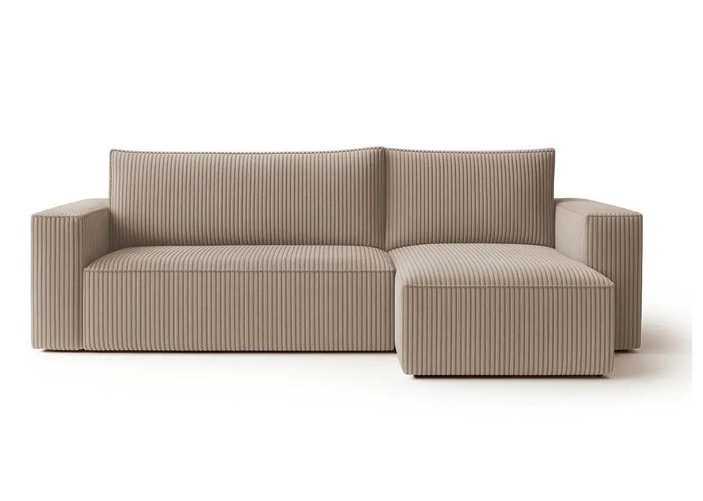 A beige sectional sofa is shown from the front on a white background.