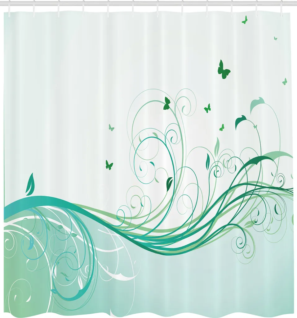 ABAKUHAUS Tenda da doccia turchese, illustrazioni in stile vittoriano con motivi a onde e farfalle, set decorativo per bagno in tessuto con ganci, 175x220 cm, verde menta chiaro