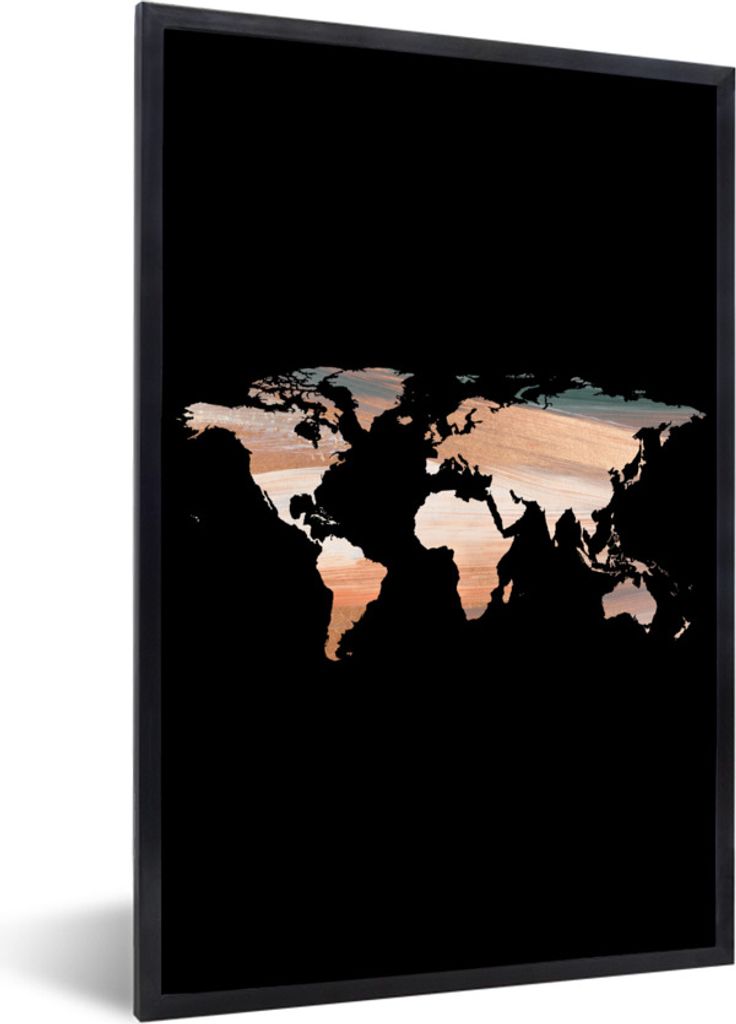 MuchoWow Gerahmtes Poster Weltkarte - Farbe - Schwarz 20x30 cm - Poster mit Schwarzem Bilderrahmen Wandposter Rahmen Foto Bilder - Drucken - Bild...
