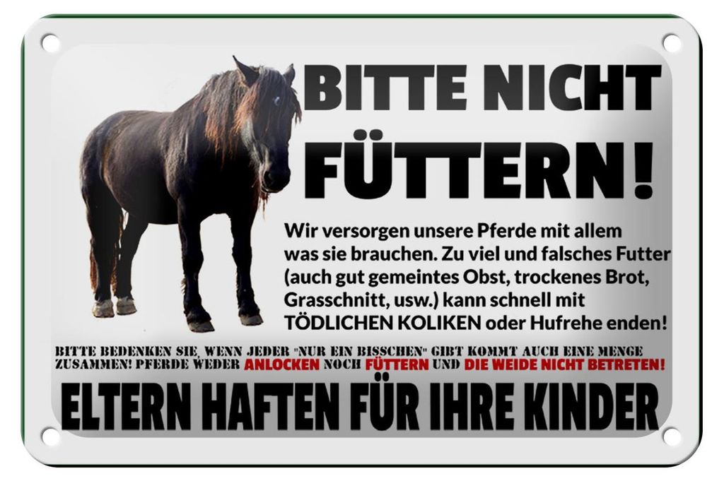 Blechschild Pferd 18x12cm bitte nicht füttern Eltern haften