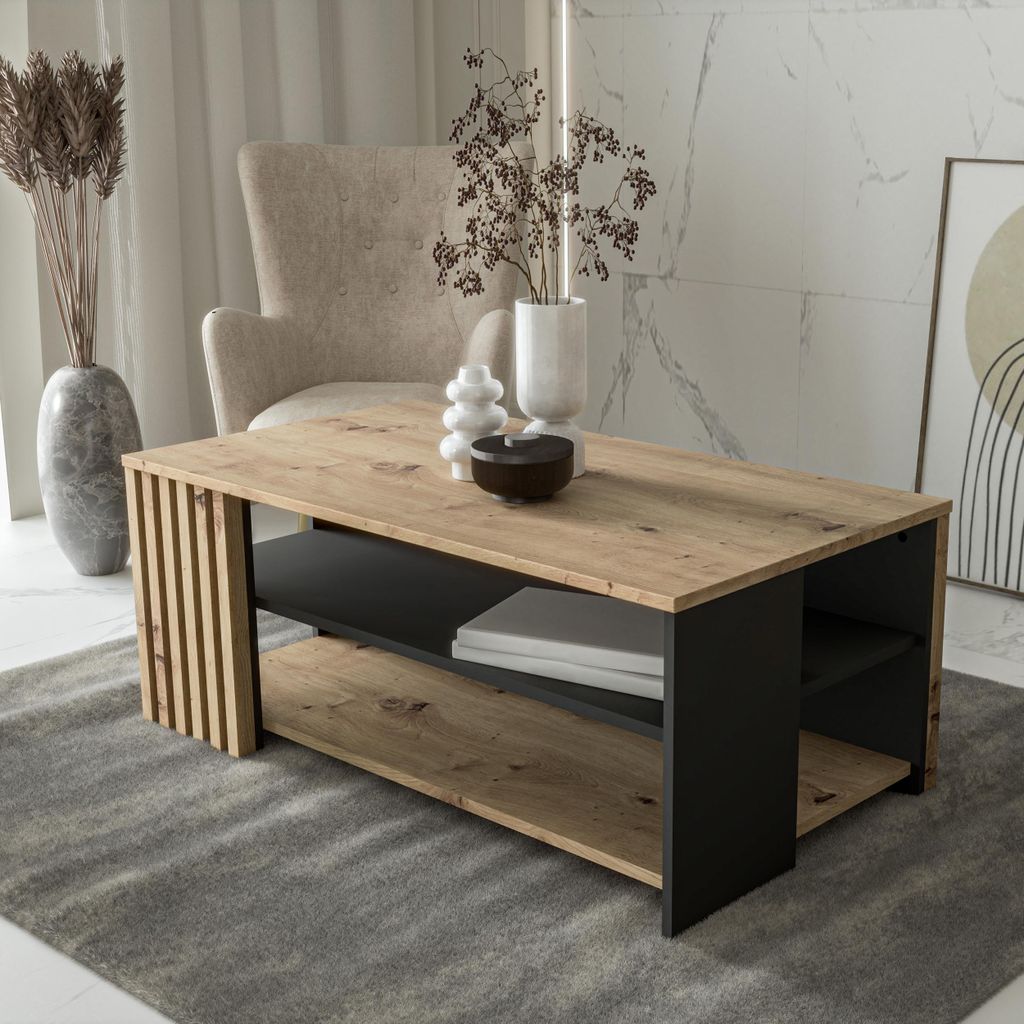 Forte CARDIGAN Couchtisch 110, moderner Sofatisch mit Ablage und Lamellendesign, Wohnzimmer, Holzwerkstoff, Artisan Eiche Holzdekor|Schwarz, 110 cm...