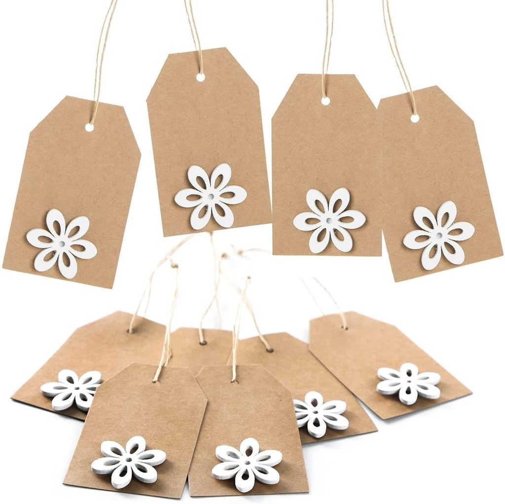 Kraftpapier Anhänger mit Blume braun weiß - Paper Tags zum Beschriften