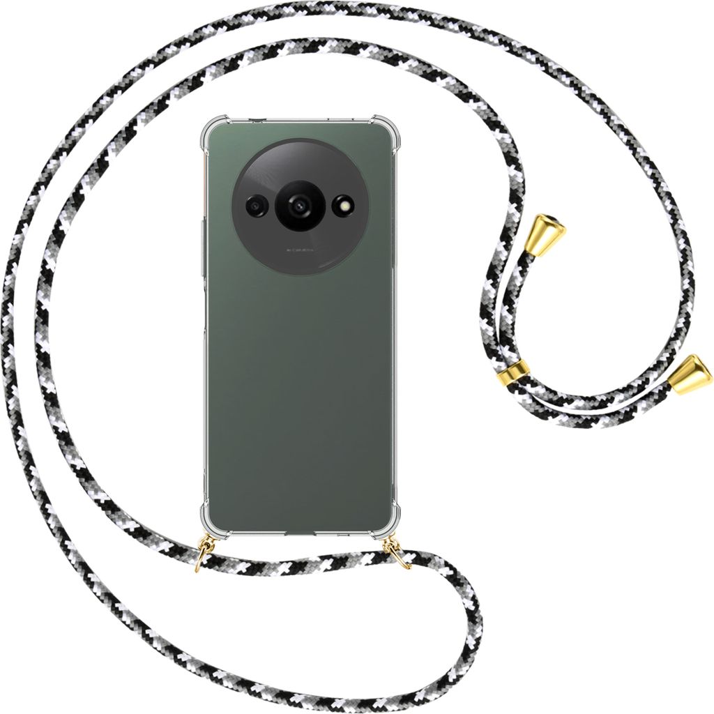 Handykette Backcover-Schutzhülle mit Band (Metall goldfarben) für Xiaomi Redmi A3 - schwarz/grau/weiß