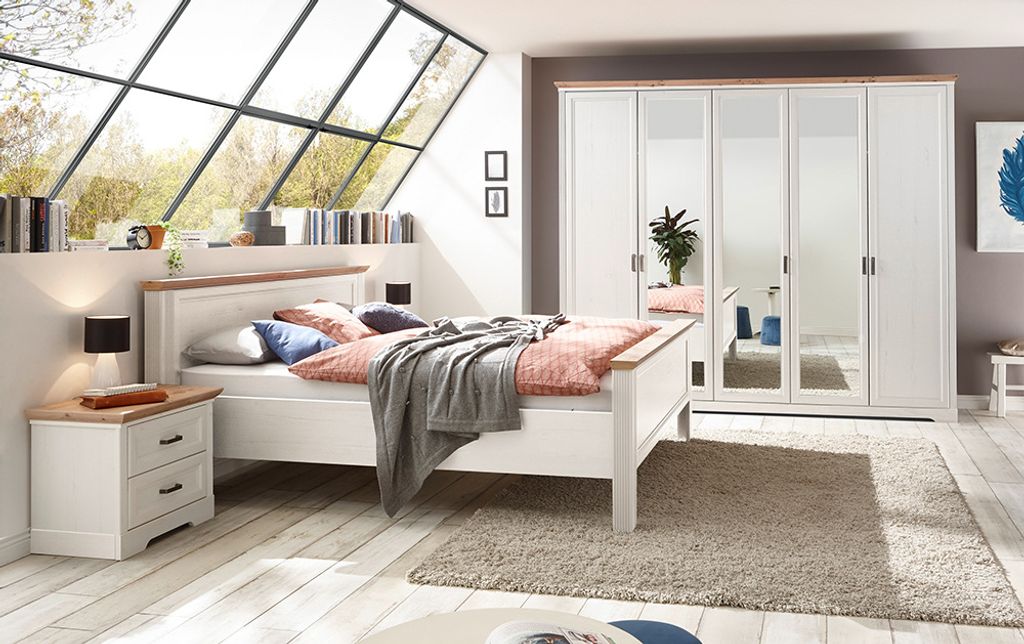 Schlafzimmer Set 4-teilig Bett 180x200cm Pinie weiß mit Eiche JÜLICH-77