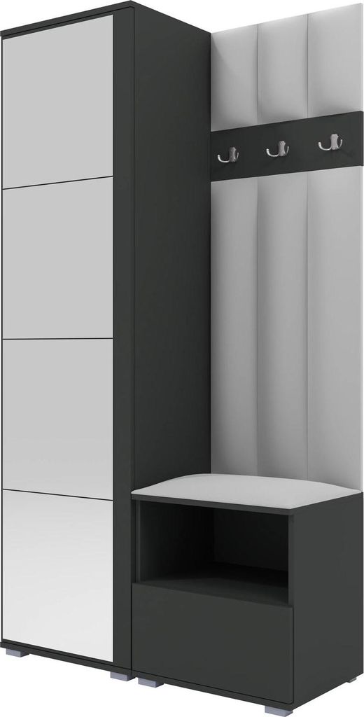 Garderoben-Set Nela I LUX mit Spiegel, gepolsterte Garderobe 100 cm mit Sitzbank, Wandpaneelen und Stauraum (Farbe: Graphit + Trinity 32)