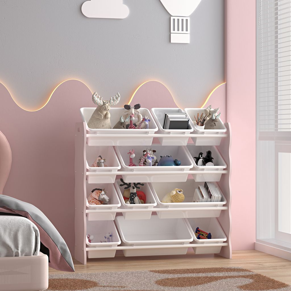 Kinderregal 'Vestnes' mit 12 Aufbewahrungsboxen 78 x 86 x 27 cm in Wellendesign Baumwolle Candy / Weiß