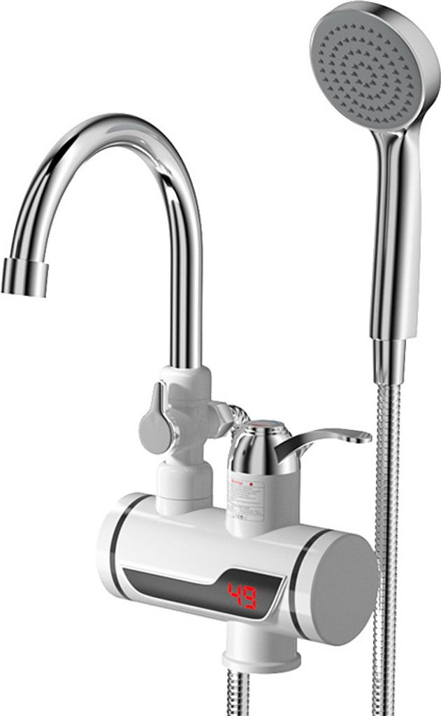 A white and silver electric faucet with a shower head attachment, shown against a white background.