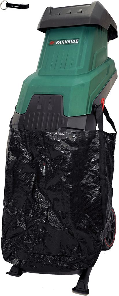 A green and black electric garden shredder with a black collection bag attached.