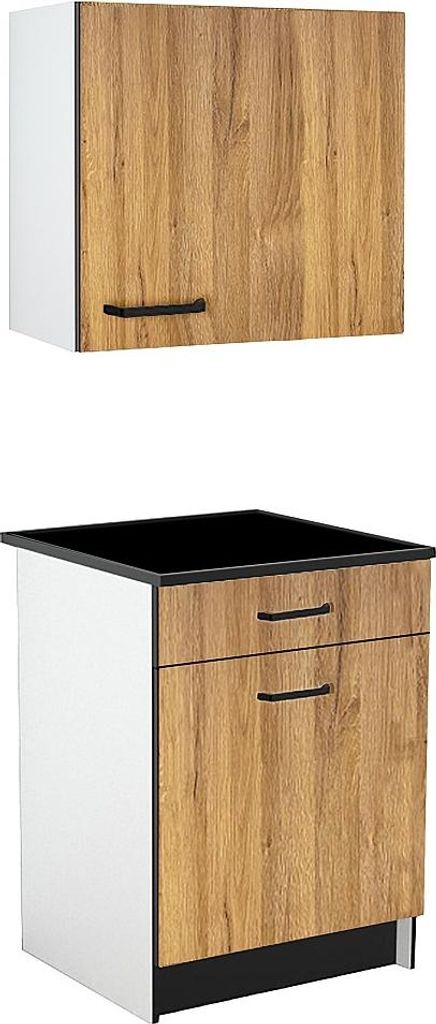 Küchenschränke - 1 Unterschrank & 1 Oberschrank - 2 abschließbare Schränke & 1 Schublade - Natur & Schwarz - TRATTORIA