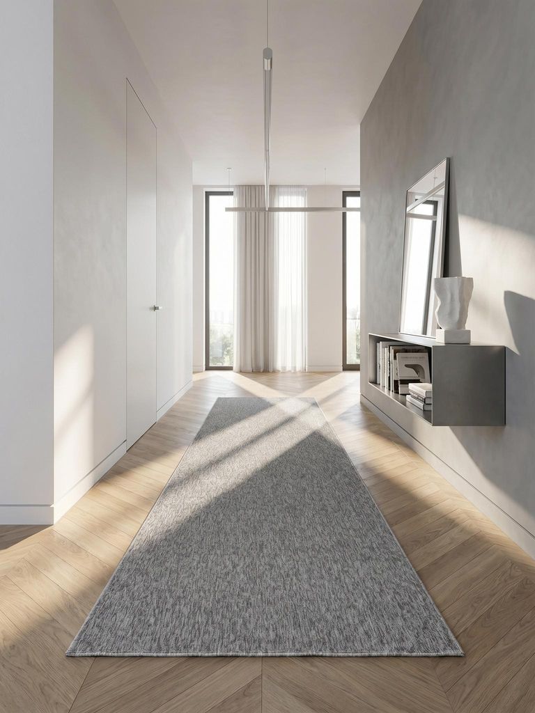 Teppich Kurzflor Unifarben Elegant Waschbar Strapazierfähig | Läufer Hellgrau 80x250 cm Esszimmer Saugroboter geeignet | AMMER – Kadima Design