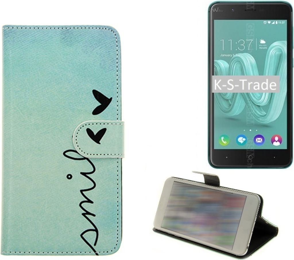 K-S-Trade Schutz-Hülle Handy-Hülle kompatibel mit Wiko Kenny Hülle Wallet Case Flip cover bookstyle Etui Handyhülle ''smile'' türkis