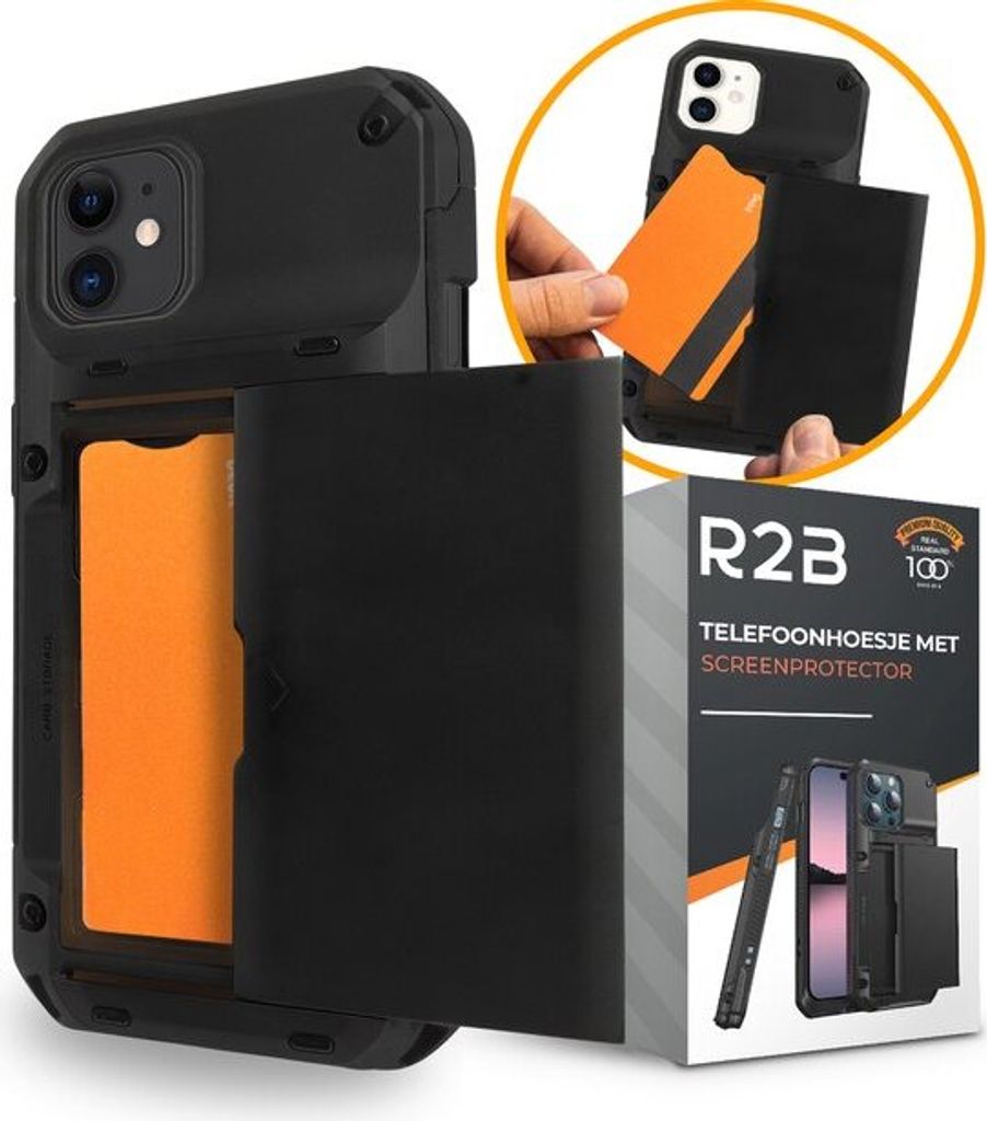 R2B Handyhülle für iPhone 11, Mit Kartenhalter für 4 Karten, Displayschutzfolie