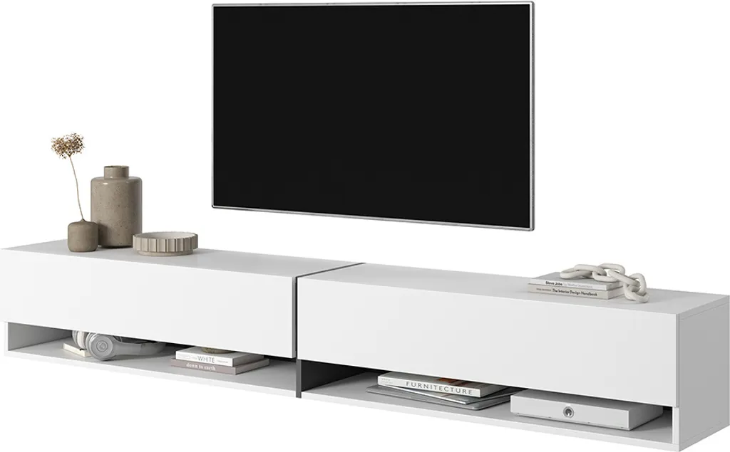Meuble TV Mirrgo 200 cm blanc avec inserts graphite effet bicolore - 7