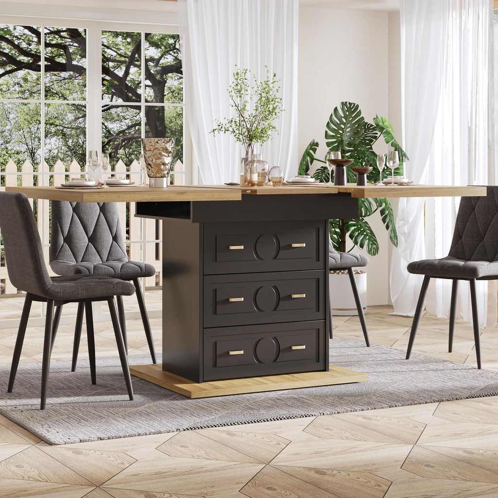 Flieks Ausziehbarer Esstisch, 6 Personen Tisch mit ausziehbarer Platte & Holzmaserung, Holztisch 110-140x80x75cm, Naturalholz+Schwarz