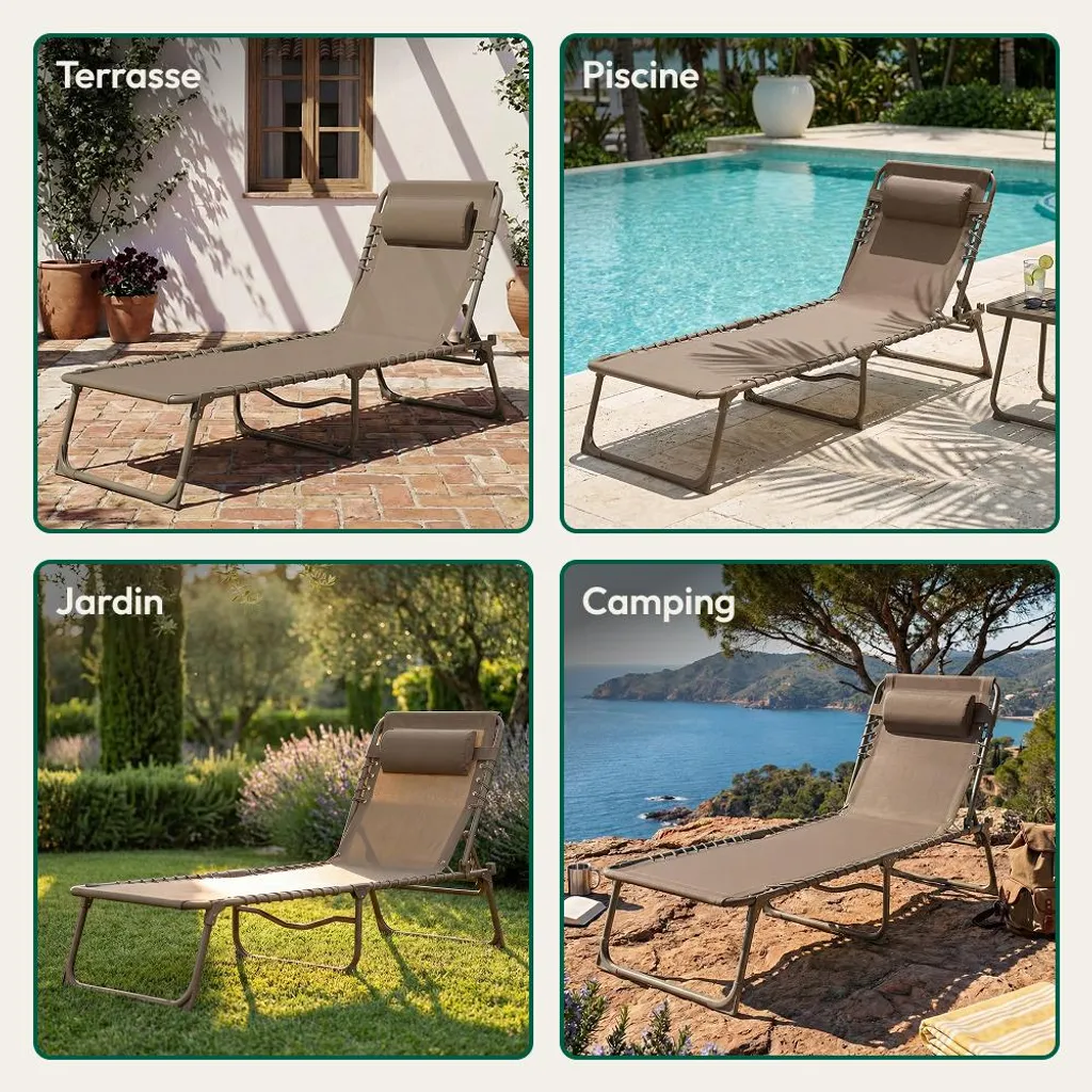 Transats Pliants pour Terrasse et Piscine Taupe - Pack de 2 Chaises CASABEL - 4