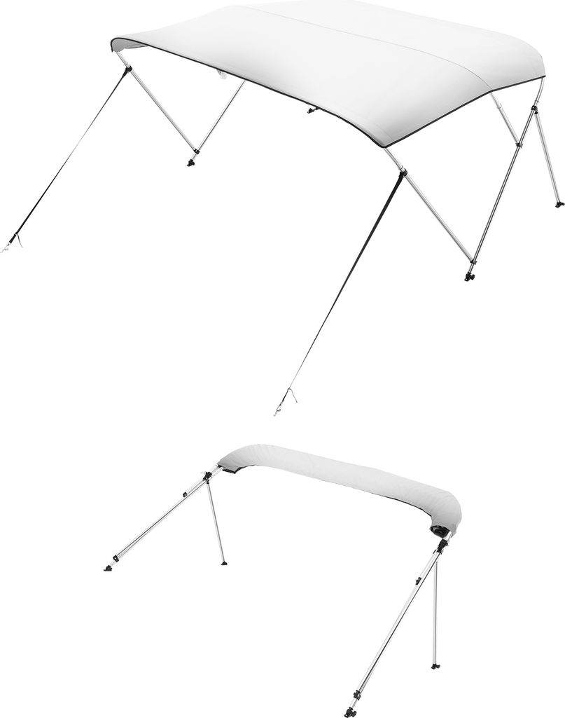 Two white boat bimini tops with silver frames against a white background.