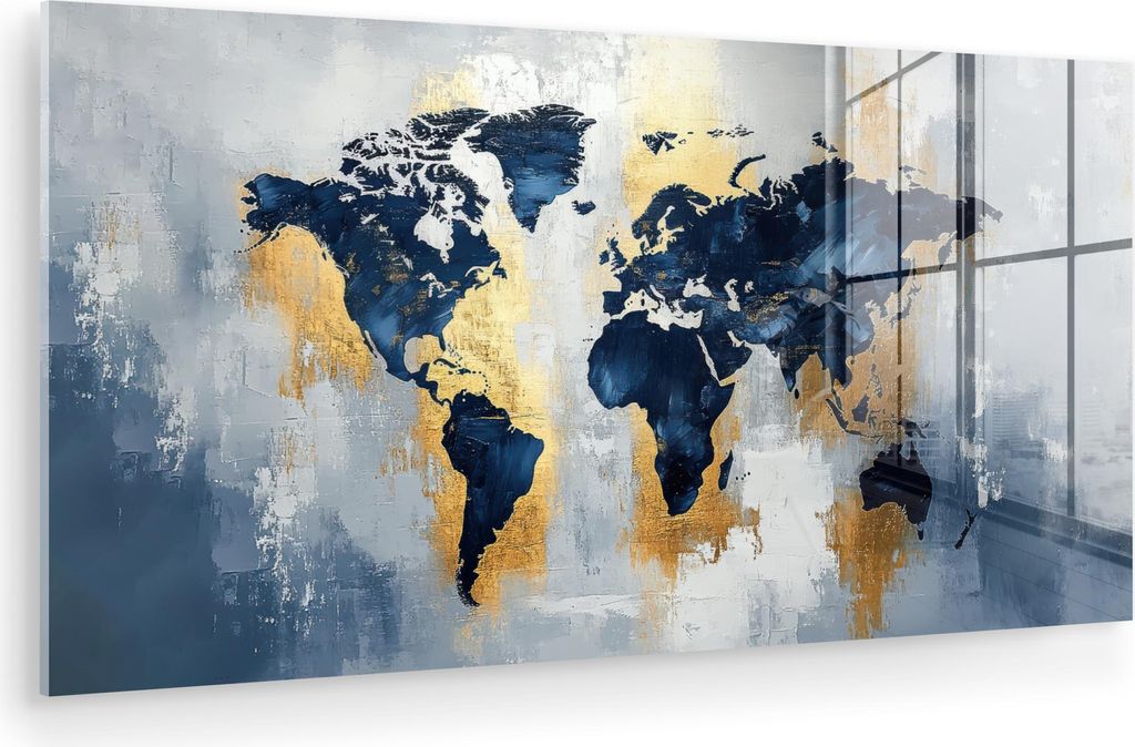 MuchoWow Glasbilder - Bilder auf Wandbild - Foto auf Glas Weltkarte - Blau - Abstrakt 120x60 cm Wanddekoration aus Glas - Acrylglasbild - Acrylbild...