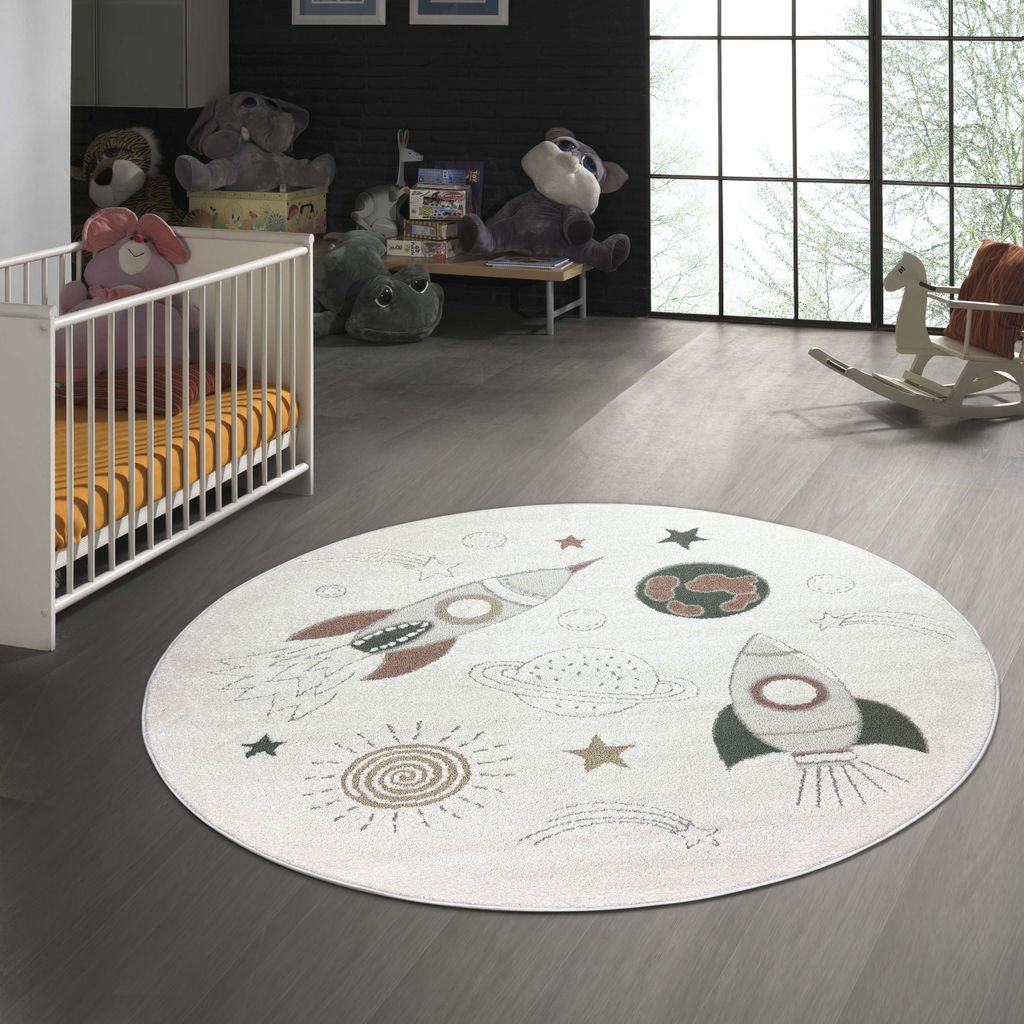 Kinderzimmerteppich Planeten Raumschiffen Sterne in creme beige grau Größe - 160 cm Rund