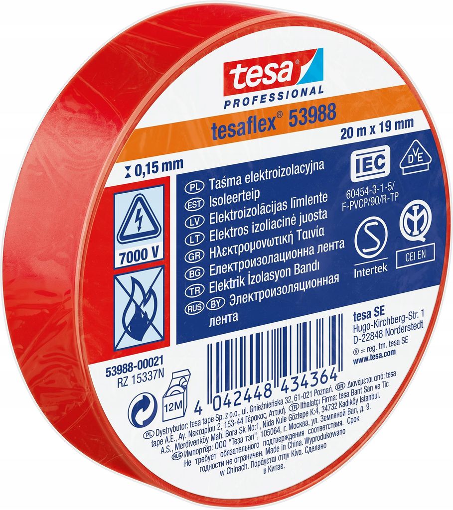 Tesa rotes Isolierband 20 mx 19 mm