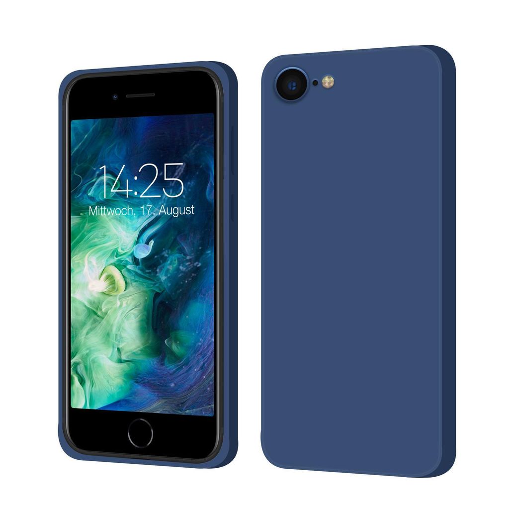 A product shot of a blue phone case next to a phone.