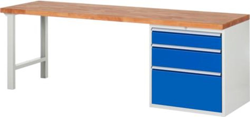 Werkbank mit 3 XL Schubladen - Vollauszug - 150:1 / 210:1 / 360:1 - 890 x 2.500 x 700 mm (HxBxT) - Traglast 1.000 kg - Buche