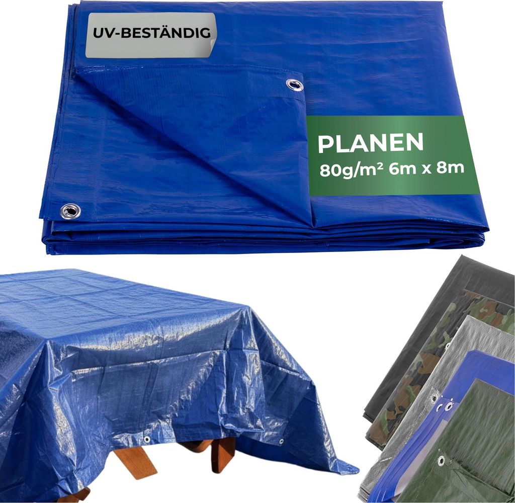 Plane Tarpaulin Standard 6x8, Abdeckplane, 80 g/m2, blau, mit Ösen
