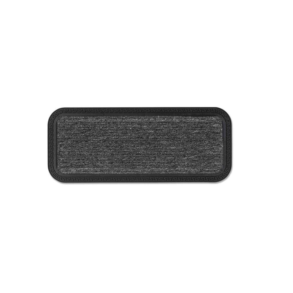A single rectangular doormat with a textured gray surface and a black border, isolated on a white background.