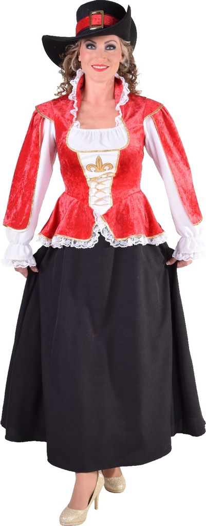 M217119-M Damen Musketier Kleid-Kostüm lang rot-schwarz-weiß Gr.M
