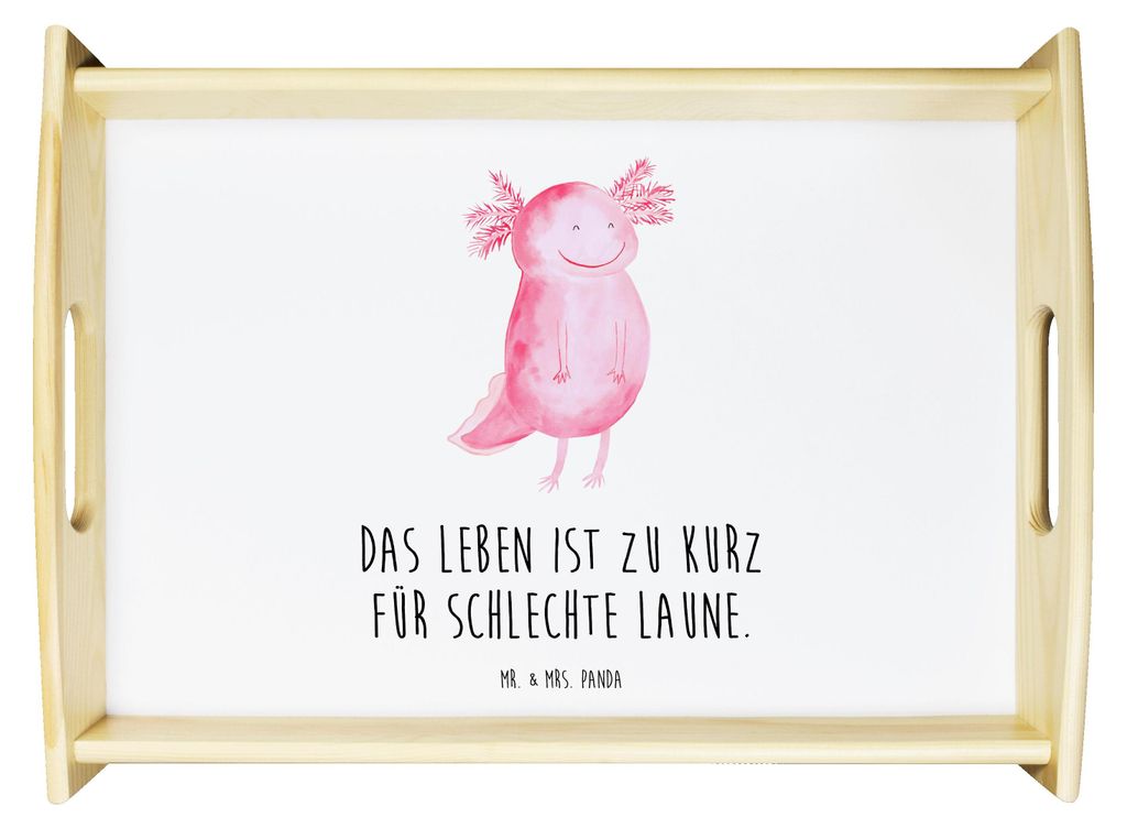 Mr. & Mrs. Panda Tablett Axolotl Glücklich - Weiß - Geschenk, gut Gelaunt, Motivationsspruch, Lurch, serviertablett aus holz, Molch, Motivation, ...