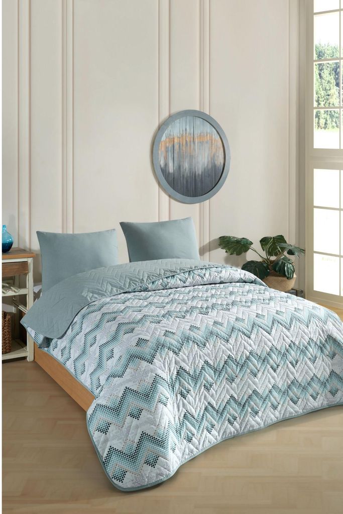 Einzeln gemustertes, gestepptes, doppelseitiges, buntes Piqué-Tagesdecken-Set, 160 x 230 cm (ohne Laken) - Green