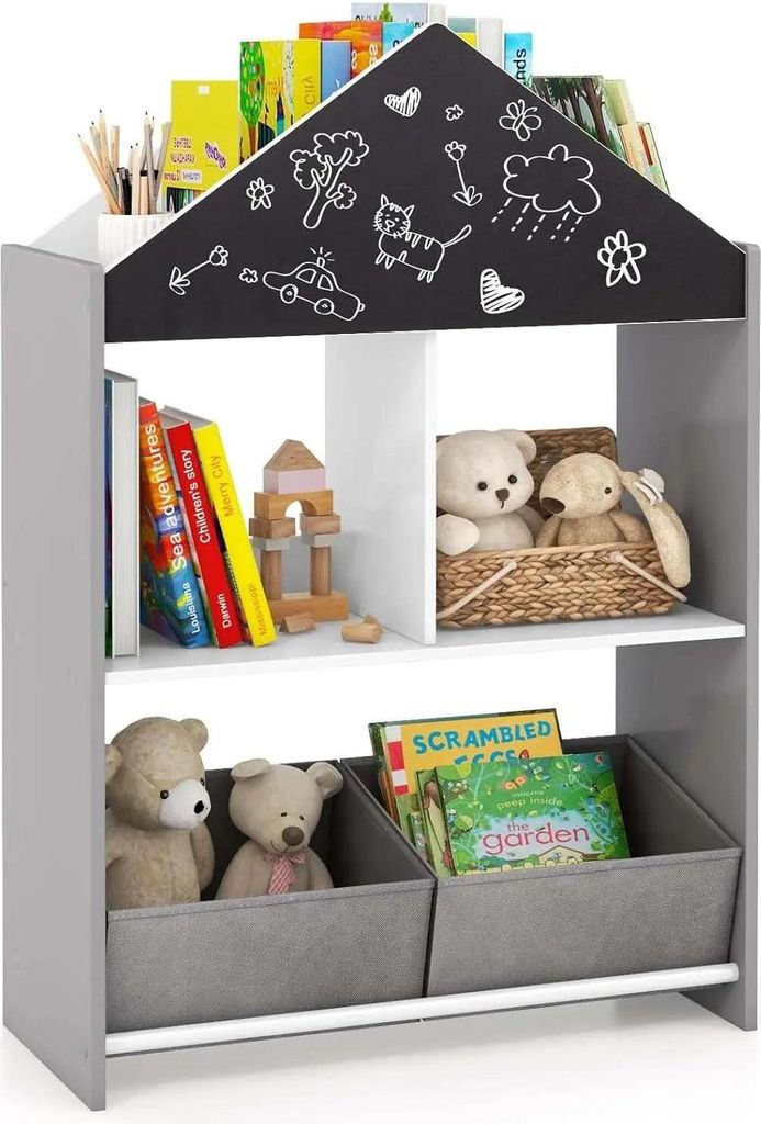 Kinder-Bücherregal und Spielzeugregal - Mit Tafel - 2 Aufbewahrungsboxen - 6 Fächer - 63 x 27 x 90 cm - Grau