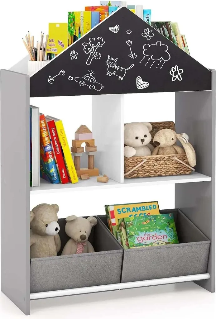 Étagère à jouets et livres pour organiser la salle de jeux grise