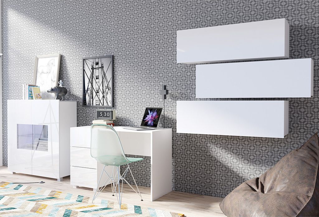 Büro Möbel Set mit LED Beleuchtung in weiß Hochglanz CAIRNS-132, B/H/T ca. 360/200/50 cm