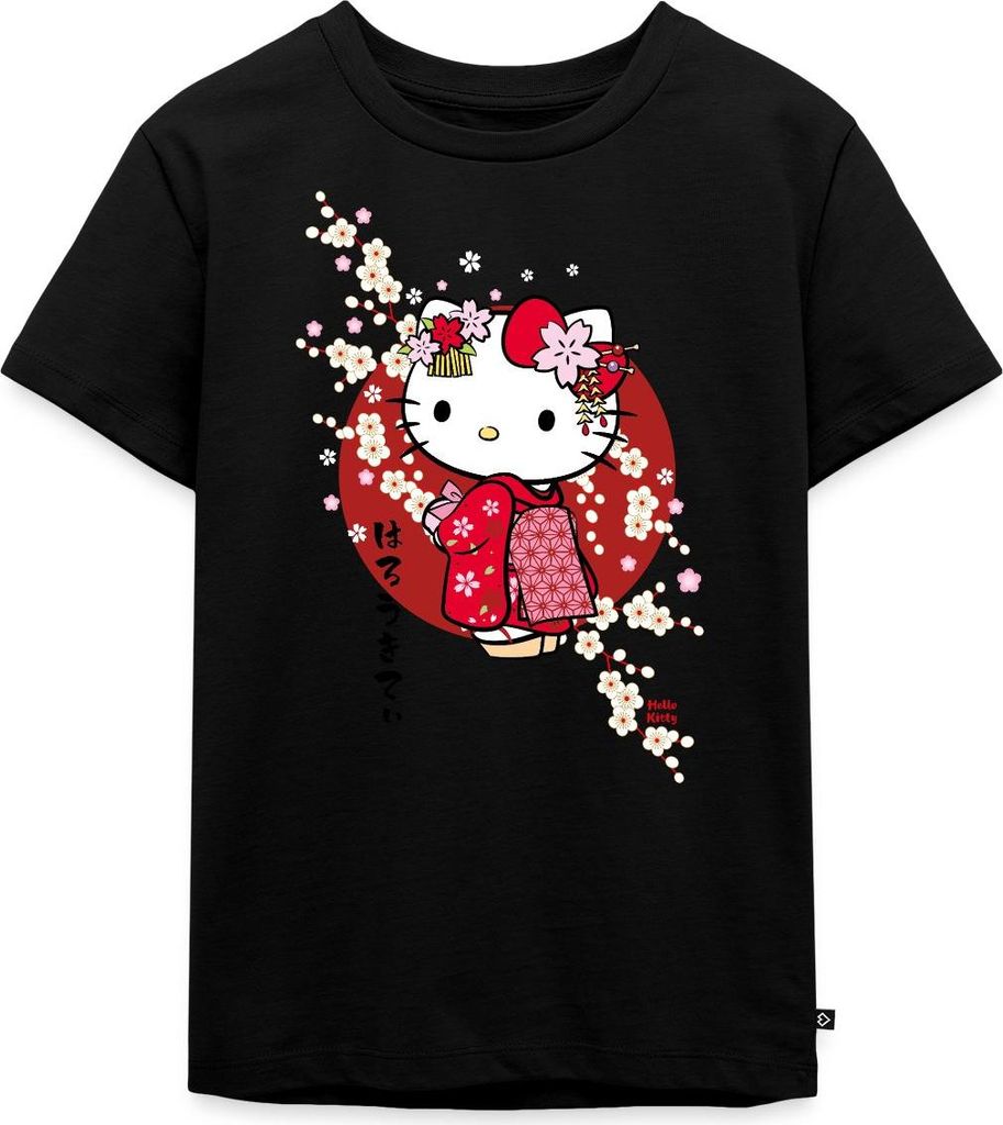 Spreadshirt Hello Kitty Japan Kimono Kirschblüten Kinder Premium T-Shirt, 122/128 (6 Jahre), Schwarz