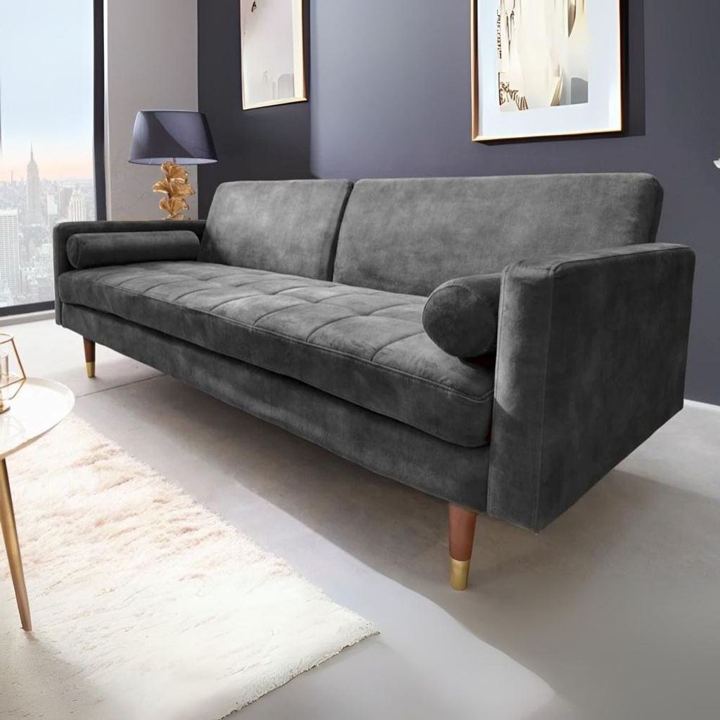 Elegantes Schlafsofa DIVANO 196cm grau Mikrovelours 3-Sitzer