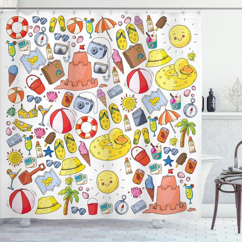 ABAKUHAUS Kindergarten Duschvorhang, Repetitive Strand und Reise Themed Muster der Sommer-Ferien-Artikel Illustration, 175 x 240 cm, Mehrfarbig