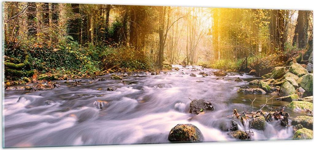 Bilder auf glas - Herbst Wald Berg Fluss - 100x40cm - Glasbilder - Wandbilder - Kunstdruck - zum Aufhängen bereit - Wanddekoration aus Glas - Glas...