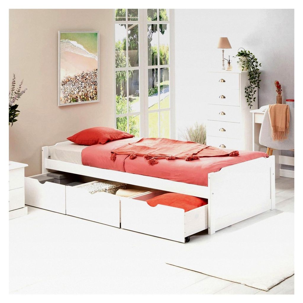 Bett MIA aus massivem Kiefernholz in Weiß, funktionales Jugendbett mit 3 Schubladen, Liegefläche 90 x 190 cm