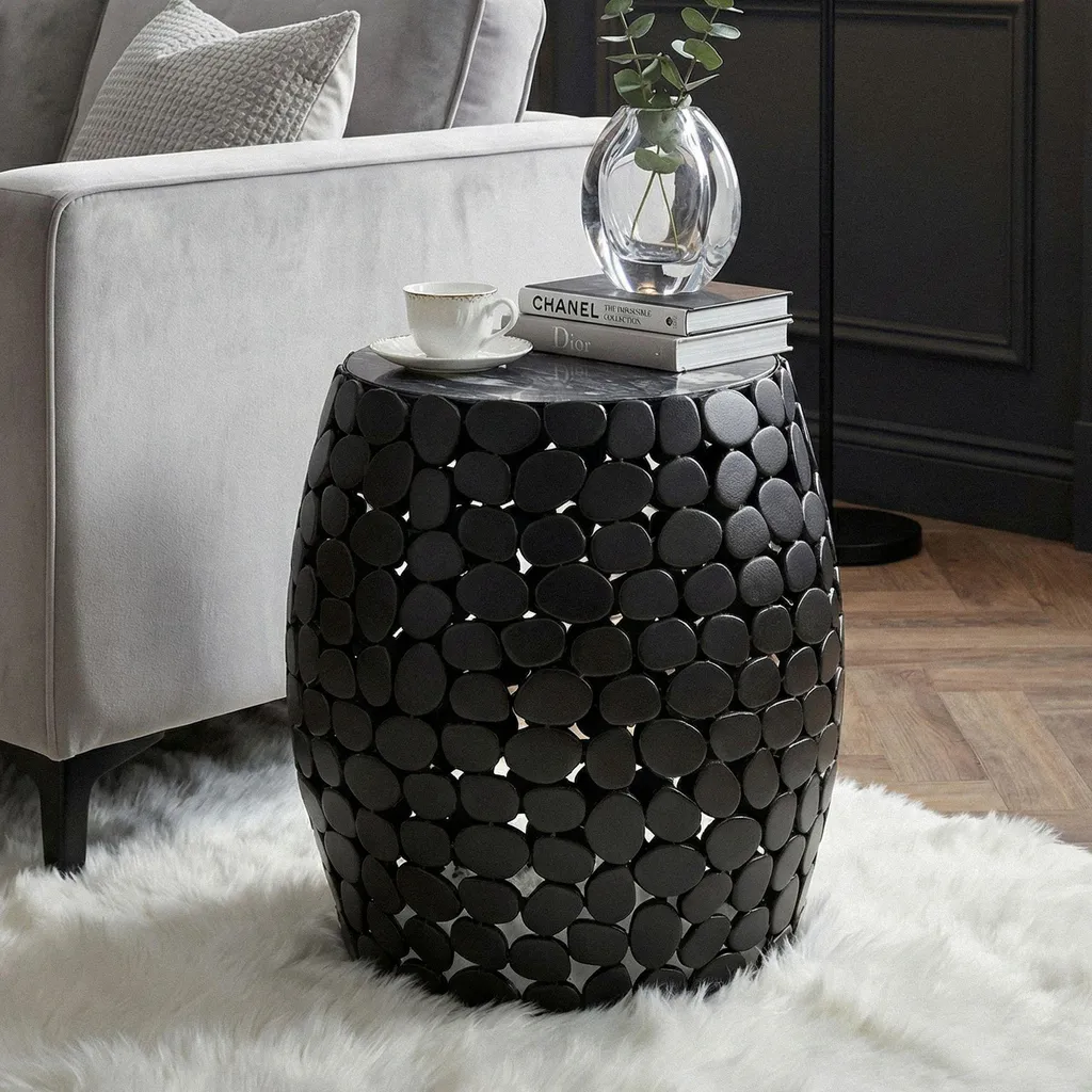 FineBuy Tavolino rotondo 40 cm in alluminio nero e piano in marmo – Tavolino da salotto in alluminio – Tavolino da salotto in metallo – Tavolino decorativo fatto a mano