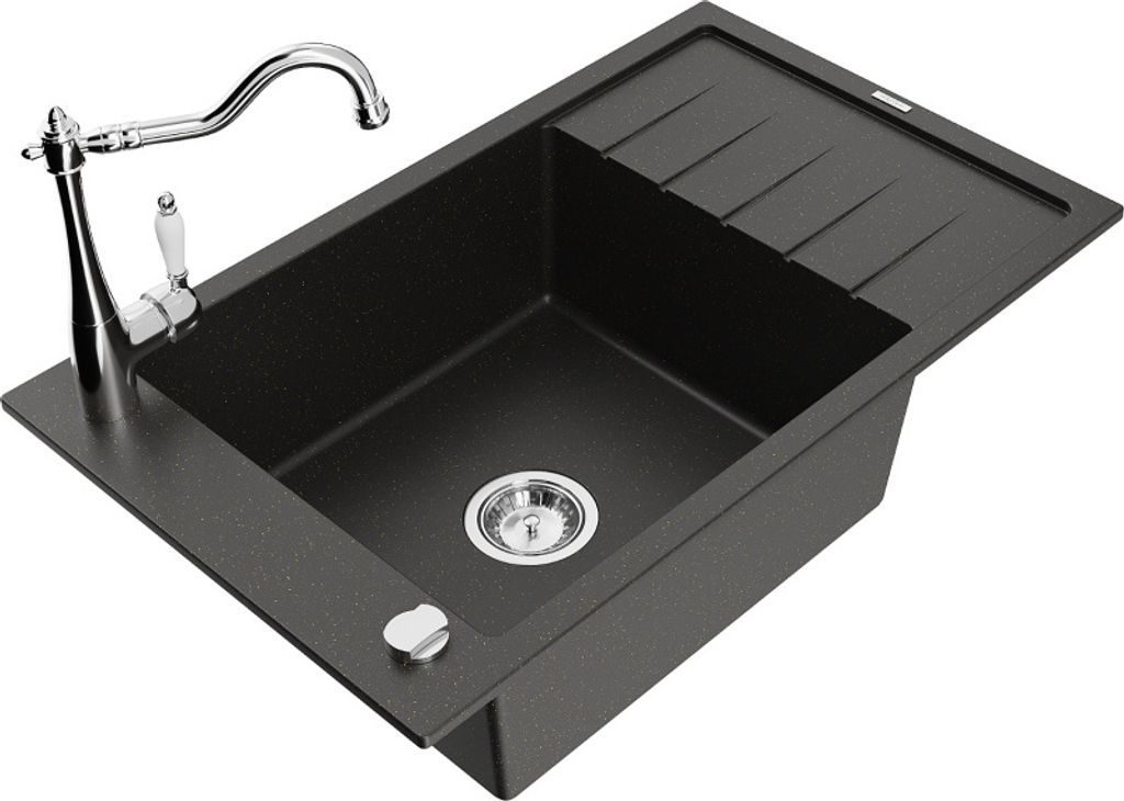 Mexen Elias 1 Becken-Granitspüle mit Abtropffläche und Mischbatterie Carla, Schwarz/Gold metallisch - 6511-75-670700-00